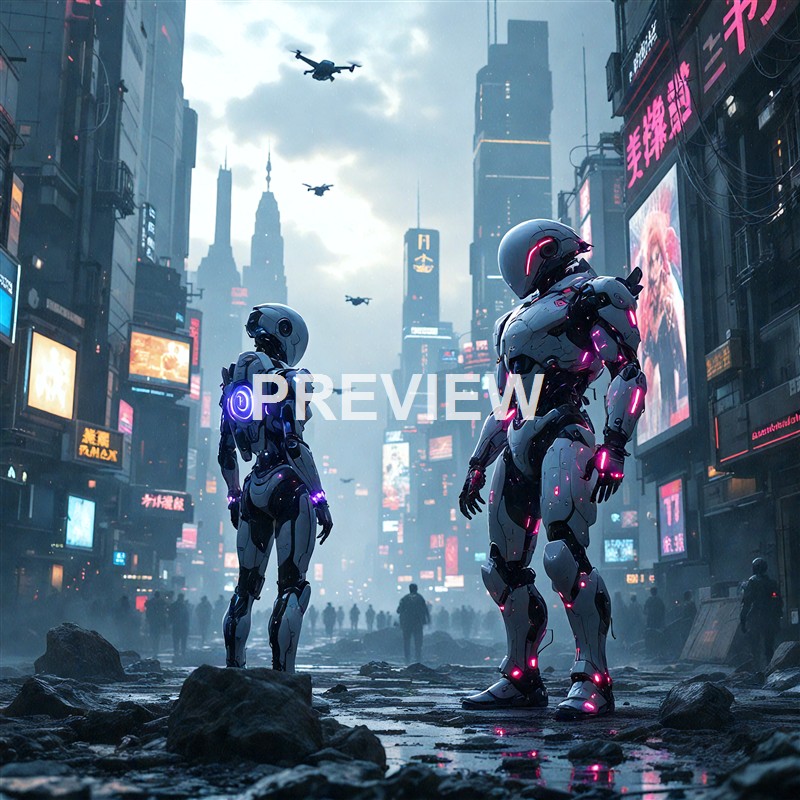 Two humanoid robots with glowing lights stand in a futuristic city street filled with tall buildings, neon signs, flying drones, and a cloudy sky.